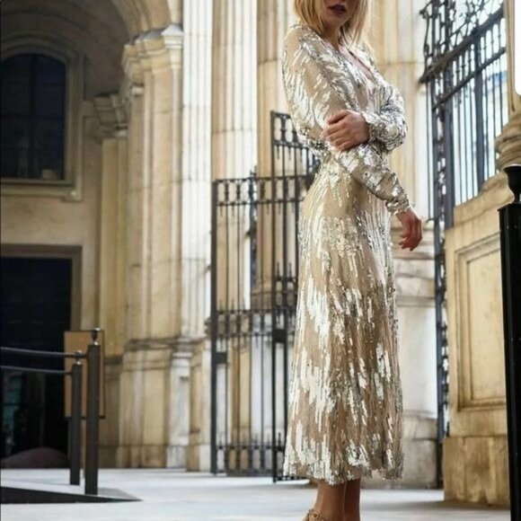 Zara Silver Sequin Maxi Dress Dolman Long Sleeve Metallic Blogger Fave Small - Picture 7 of 16